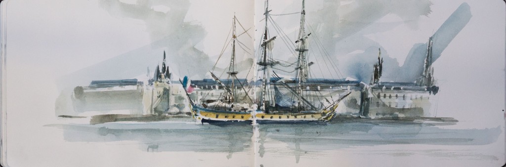 L'HERMIONE à Bordeaux/ crayon aquarelle